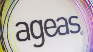 Illustration picture shows the logo of Ageas at a press conference of Ageas to present the 2016 year results, Wednesday 15 February 2017 in Brussels. Ageas N.V./S.A. is a Belgium-Dutch multinational insurance company co-headquartered in Brussels, Belgium 