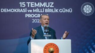 Turkish President Recep Tayyip Erdogan attends the July 15 Democracy and National Unity Day commemoration event at Sarachane Square, marking the sixth anniversary of the defeated coup orchestrated by Fetullah Terrorist Organisation (FETO) in July 15, 2016