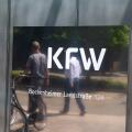 Logo of KfW (Kreditanstalt fur Wiederaufbau) in Bockenheimer LandstraBe in Frankfurt am Main (June 14, 2023)