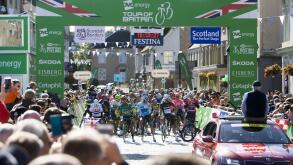 Riders line up during Stage 2 of the 16th OVO Energy Tour of Britain, the stage lasts for 165.9km with an elevation of 1380 metres and starts and finishes in Kelso on 8 September 2019 in Kelso, Scottish Borders, UK. (Photo by Ewan Bootman/NurPhoto)