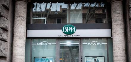 ROME, ITALY - JANUARY 15, 2025: Facade of Banco BPM (Banca Popolare di Milano) branch shows green BPM logo; banco Popolare di Milano is an italian ret