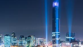 Skyline of Las Condes and Providencia districts illuminated at night, Santiago de Chile