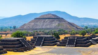 The Sun Pyramid and minor temples without people in Teotihuacan, Mexico City, Mexico.