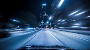 View from the top of a car driving down highway, Chicago, Illinois, United States