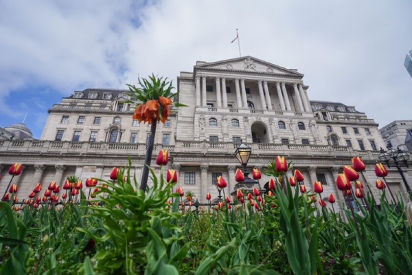 London UK 10 April 2025. A flower bed with tulips in bloom in front of the Bank of England in the city of London. The FTSE 100 has surged  higher today at the start of market trading after President Trump announced a suspension of global tariffs . Credit