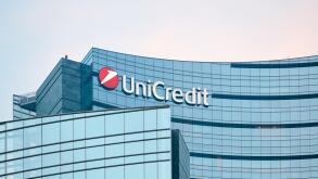 Unicredit bank skyscraper detail at dusk. Unicredit S.p.A. is one of the biggest Italian and European credit group