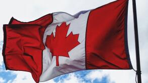 Canada, Whister, Flag of Canada waving over mountains