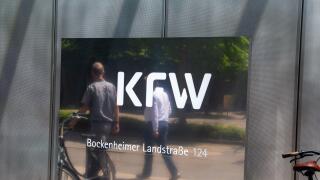 Logo of KfW (Kreditanstalt fur Wiederaufbau) in Bockenheimer LandstraBe in Frankfurt am Main (June 14, 2023)