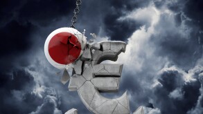 Japan flag ball smashing a European Euro currency symbol. 3D Render