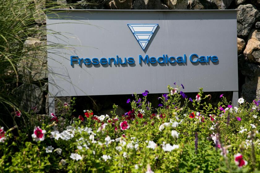 A logo sign outside of a facility occupied by Fresenius Medical Care in Waltham, Massachusetts on August 13, 2016.