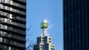 The TD (Toronto-Dominion Bank) logo is seen atop the TD Canada Trust Tower, through buildings in downtown Toronto.