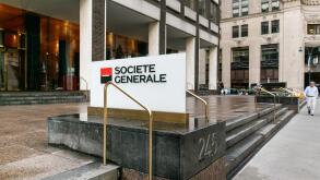 Societe Generale corporate signage by their office in midtown Manhattan.