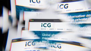 Milan, Italy - APRIL 10, 2021: ICG Intermediate Capital Group logo on laptop screen seen through an optical prism. Illustrative editorial image from I