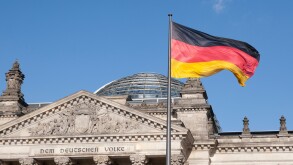 German Flag in front of Reichstag Berlin Germany. Image shot 2010. Exact date unknown.