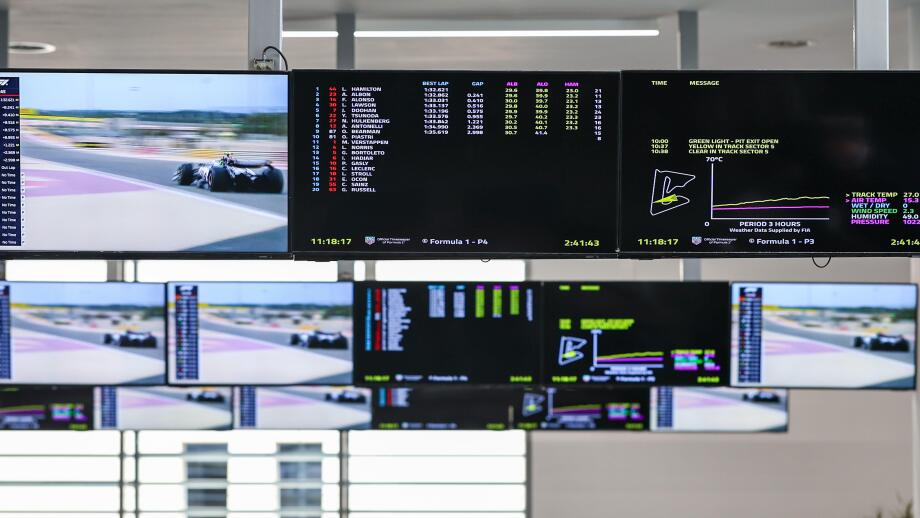 BAHRAIN, BAHRAIN - FEBRUARY 26:  FIA F1 Media Center?s TV Screens during Day One of F1 Testing at Bahrain International Circuit on February 26, 2025 in Bahrain, Bahrain. (Photo by Qian Jun/MB Media)