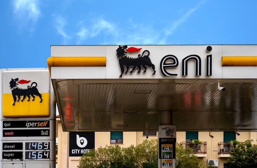 Bardolino, Italy - 10/31/2019: Eni S.p.A. in german Agip is an Italian multinational oil and gas company headquartered in Rome. The service station is