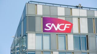 Lille (northern France). SNCF sign (French national railway company) in the urban quarter of Euralille.