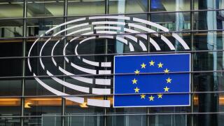 European Parliament logo on the Paul-Henri Spaak building in Brussels, Belgium