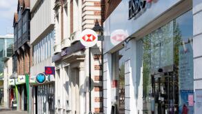 Row of high street banks (Lloyds, Barclays, Nat West & HSBC), High Street, Staines-upon-Thames, Surrey, England, United Kingdom