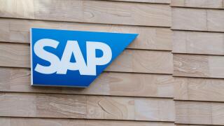 Brisbane, Queensland, Australia - 21st January 2020 : SAP Logo hanging in front of a building facade in Brisbane. SAP is a European multinational soft