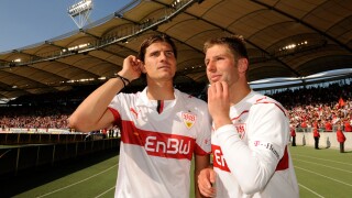 Mario Gomez, left, and Thomas Hitzlsperger, VfB Stuttgart, right, celebrating victory, lap of honor, Mercedes-Benz Arena, Stutt