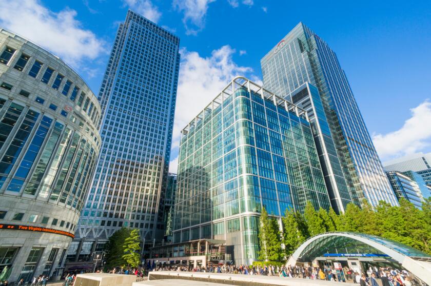 Canary wharf skyscrapers CBD banking and financial district Docklands London England UK GB EU Europe