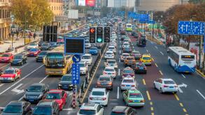 Shanghai street.  Busy road in chinese city of Shanghai