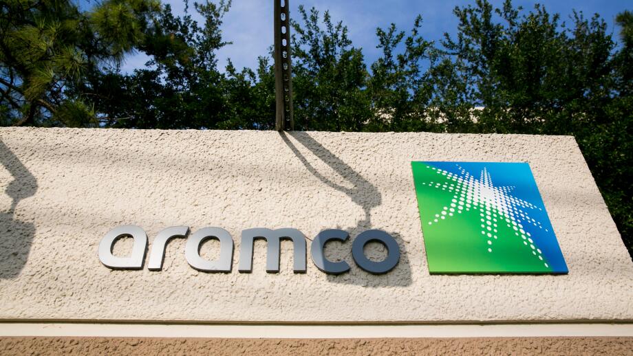 A logo sign outside of a facility occupied by Saudi Aramco in Houston, Texas, on May 27, 2017.