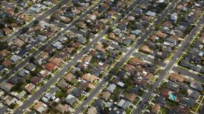 Isis Avenue neighborhood, near LAX, Del Aire, Hawthorne, Los Angeles, California, USA - aerial