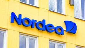 Kristianstad, Sweden - March 20, 2016: Nordea is one of the major banks in Sweden. Here is their logo found as a sign above a ba