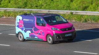 OCTOPUS Energy 2022 decorated Peugeot Expert Professional L1 EV, 136 Electric 50Kwh XS1000 L1H1 SWB Auto Start/Stop LCV Electricity 100 kW; travelling at speed on the M6 motorway in Greater Manchester, UK