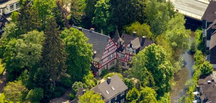 Aerial view, Ludwigsburg, red and white half-timbered house near Canal Street and Emil-Wolff-StraBe, Bad Berleburg, Siegen-Wittg