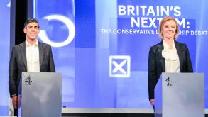 London, UK. 15th July, 2022. All five Conservative Party Leadership Candidates, (left to right) Kemi Badenoch, Penny Mordaunt, Rishi Sunak, Liz Truss and Tom Tugendhat and candidates to become the next Prime Minister of the UK take part in a debate and q&