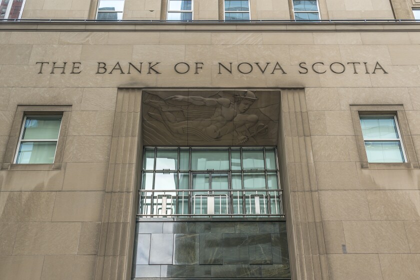 Historic Beaux-Arts headquarters of Bank of Nova Scotia (Scotiabank, 1951, architects Mathers and Haldenby) located at 44 King Street West. TORONTO, CANADA - July 24, 2017.