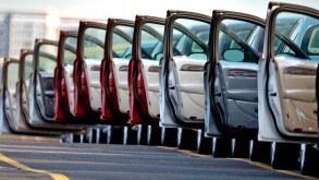 Left hand drive export only S type jaguars awaiting their drivers at Southampton docks