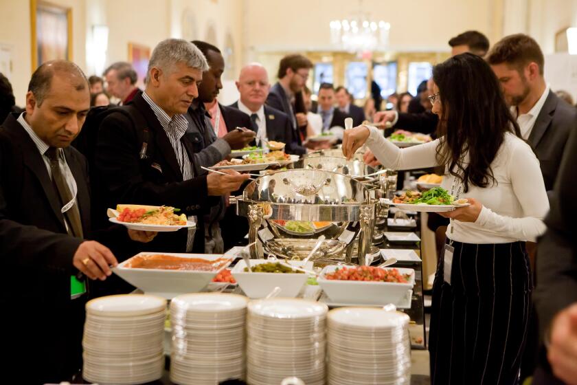 Hotel lunch buffet line during a business event - USA