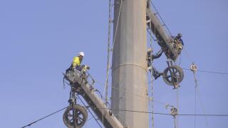 Italy, reconstruction of an high-voltage power line with low environmental and scenic impact pylons. Image shot 11/2013. Exact date unknown.