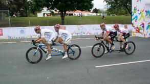 8 August 2015: TO2015 Panam Games, Cycle road race, Sebastian Durango and Nelso Serna (COL) lead Daniel Chalifour and Alexandre