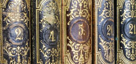 Vintage ornate book spines with intricate gold designs and numbers.
