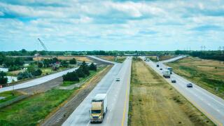 Interstate 80 highway seen from overlook at Great Platte River Road Archway Monument Museum in Kearney, Nebraska.
