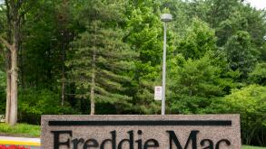 A logo sign outside of the headquarters of the Federal Home Loan Mortgage Corporation (FHLMC), known as Freddie Mac, in Tysons C