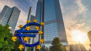 Frankfurt, Germany - July 9, 2017: sunrise city skyline at European Central Bank (ECB) and Euro Sign
