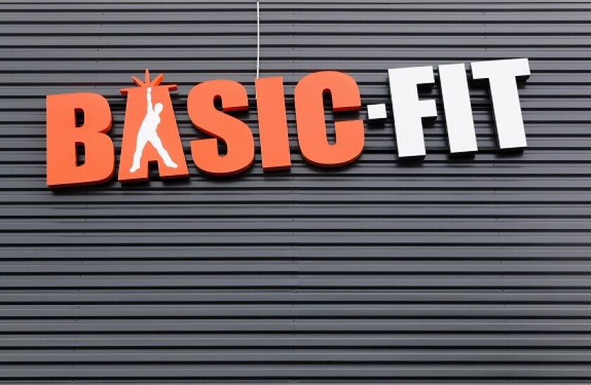 Villefranche, France - September 22, 2019: Basic-Fit logo on a wall. Basic-Fit is the largest fitness chain in Europe