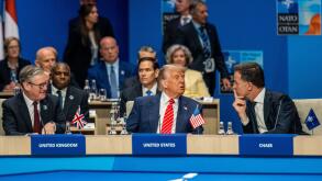 June 25, 2025, The Hague, South Holland, Netherlands: US President DONALD TRUMP speaks with NATO Secretary General MARK RUTTE while Prime Minister of the United Kingdom KEIR STARMER listens on. On June 25, 2025, leaders and representatives from all 32 NAT