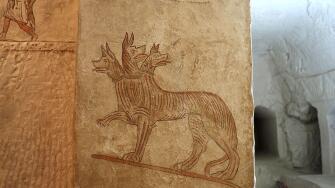 Mystical and ordinary animals on the wall in the family tomb in ancient city Maresha. Cerberus.