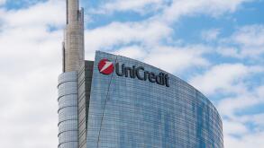 Milan, Italy: detail of the Unicredit Bank headquarters skyscraper with company logo sign