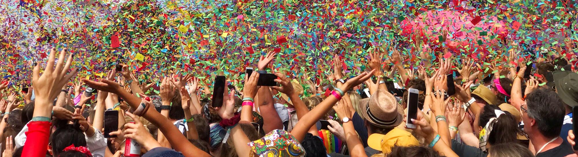 Confetti/ Ticker tape falling from the sky during the amazing set by Years & Years on the Pyramid Stage, Glastonbury Festival 2019