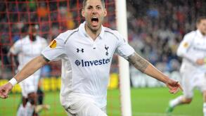 Basel, Switzerland. 11th April 2013. Clint Dempsey of Tottenham Hotspur celebrates his equaliser for 2-2 late in the Europa League game between FC Basel and Tottenham Hotspur from St. Jakob-Park.