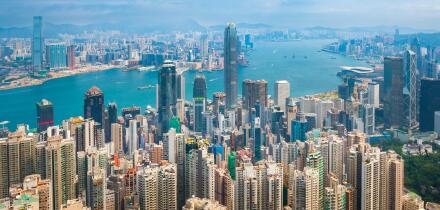 Hong Kong City skyline day time view from Victoria Peak.