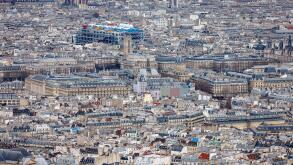 Paris aerial view, rooftops of the 4th arrondissement, Ile de la Cite, Tour Saint Jacques and Centre Georges Pompidou, France